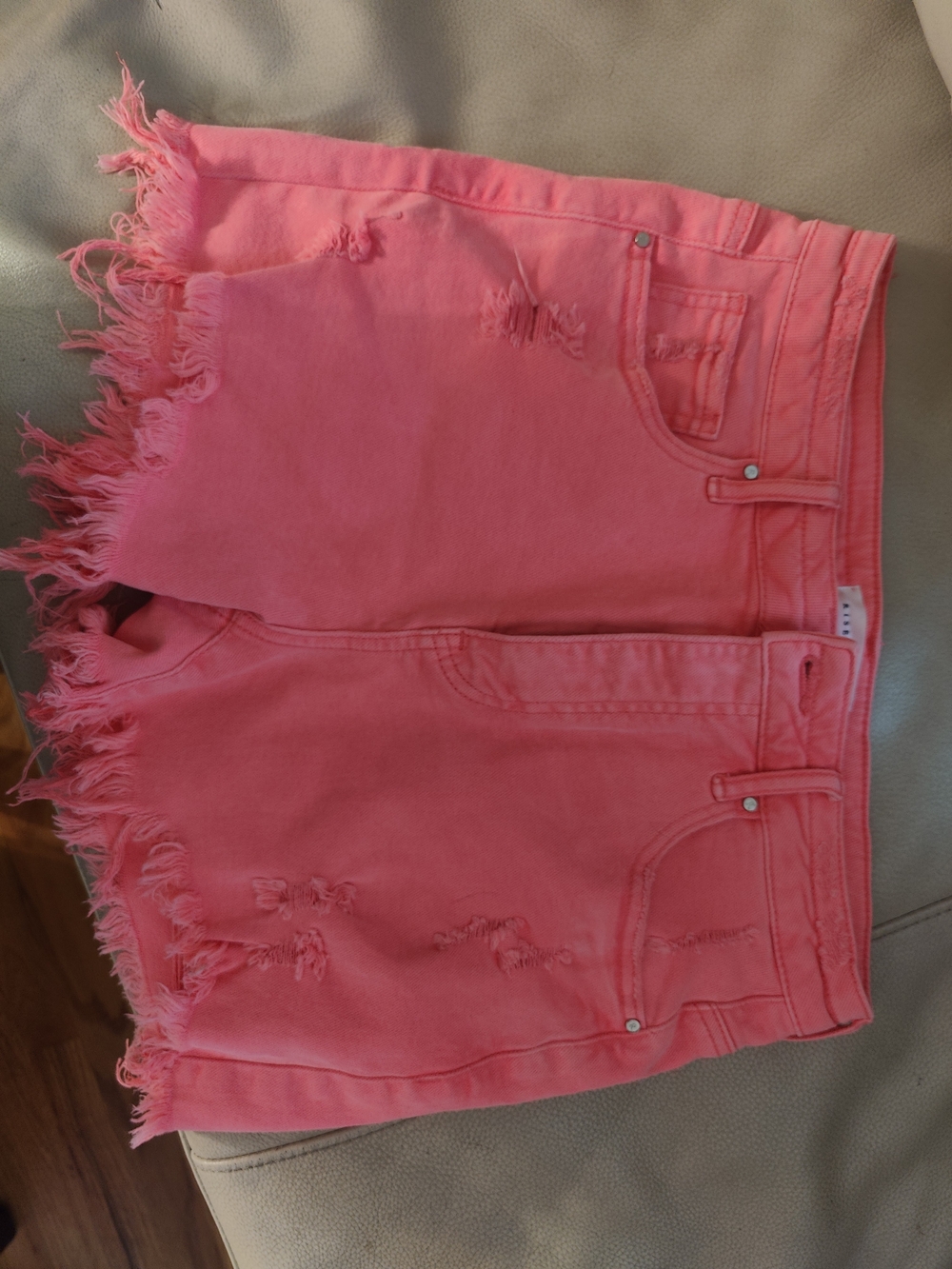Risen High-Rise Pink/coral Distressed Denim Shorts with Frayed Hem